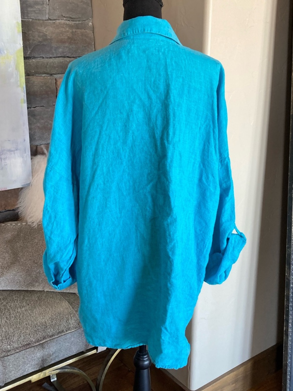 Chico’s Linen Tunic Top Button Down Pockets Breezy Coastal Size 3 - Picture 7 of 8